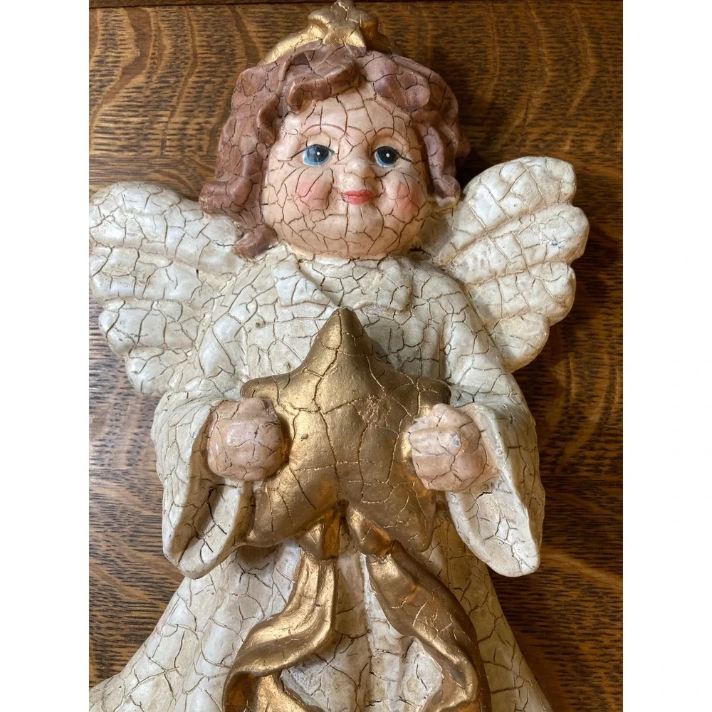 Vintage Style Crackle Finish Angel Wall Plaque Gold Star Cherub Decor 15 Inch